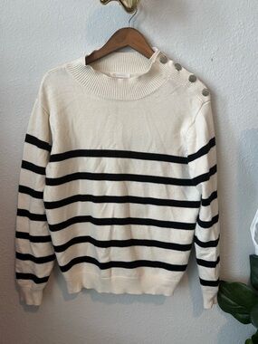 Cream and Black Striped Women's Button-Shoulder Sweater